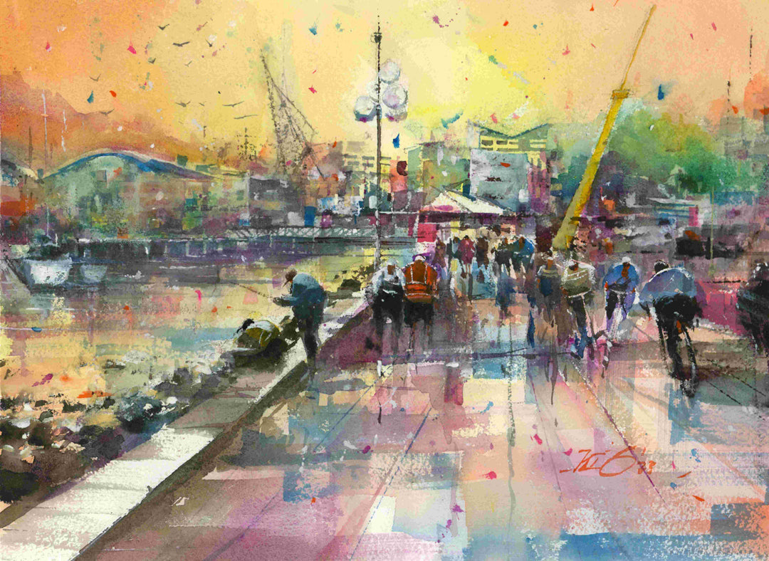 Bustling Wellington Waterfront - original watercolour by Kit Ong