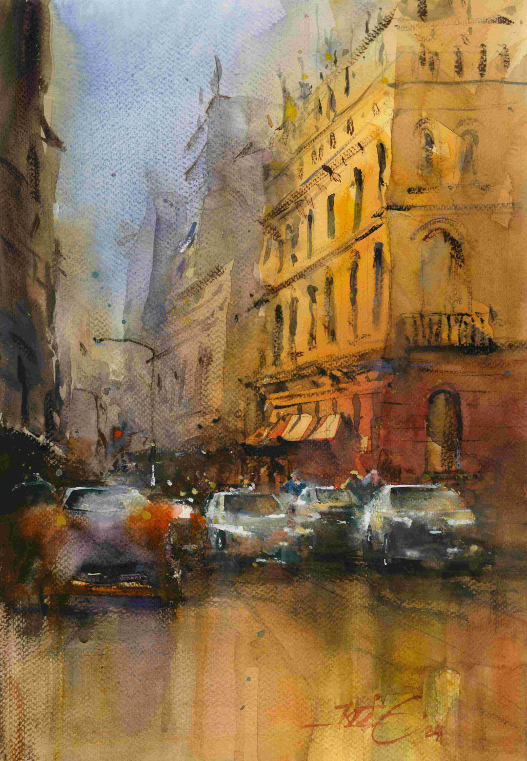 Golden Reflections, Customhouse Quay - original watercolour by Kit Ong