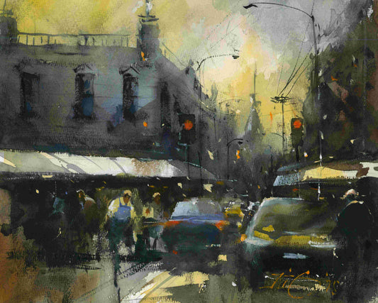 City Life on Ghuznee Street, Wellington - original watercolour by Kit Ong