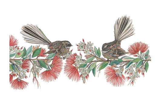 'Natsunohi'  - Two Piwakawaka in Pohuukawa Bloom