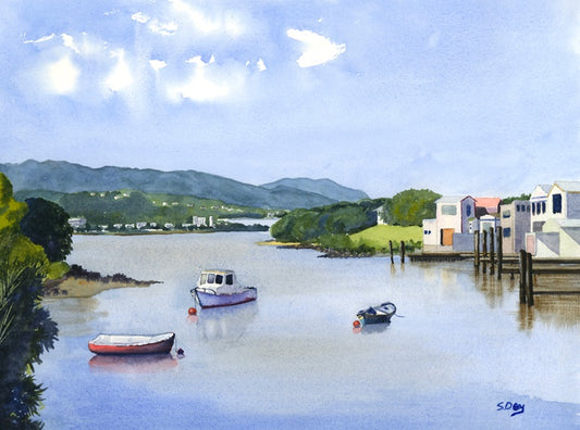 Oasis of Calm - Hikoikoi Boat Sheds - original watercolour by Sue Dey