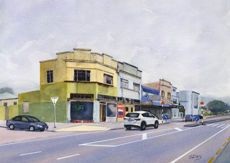 Remember Cuba Street Shops - original watercolour by Sue Dey