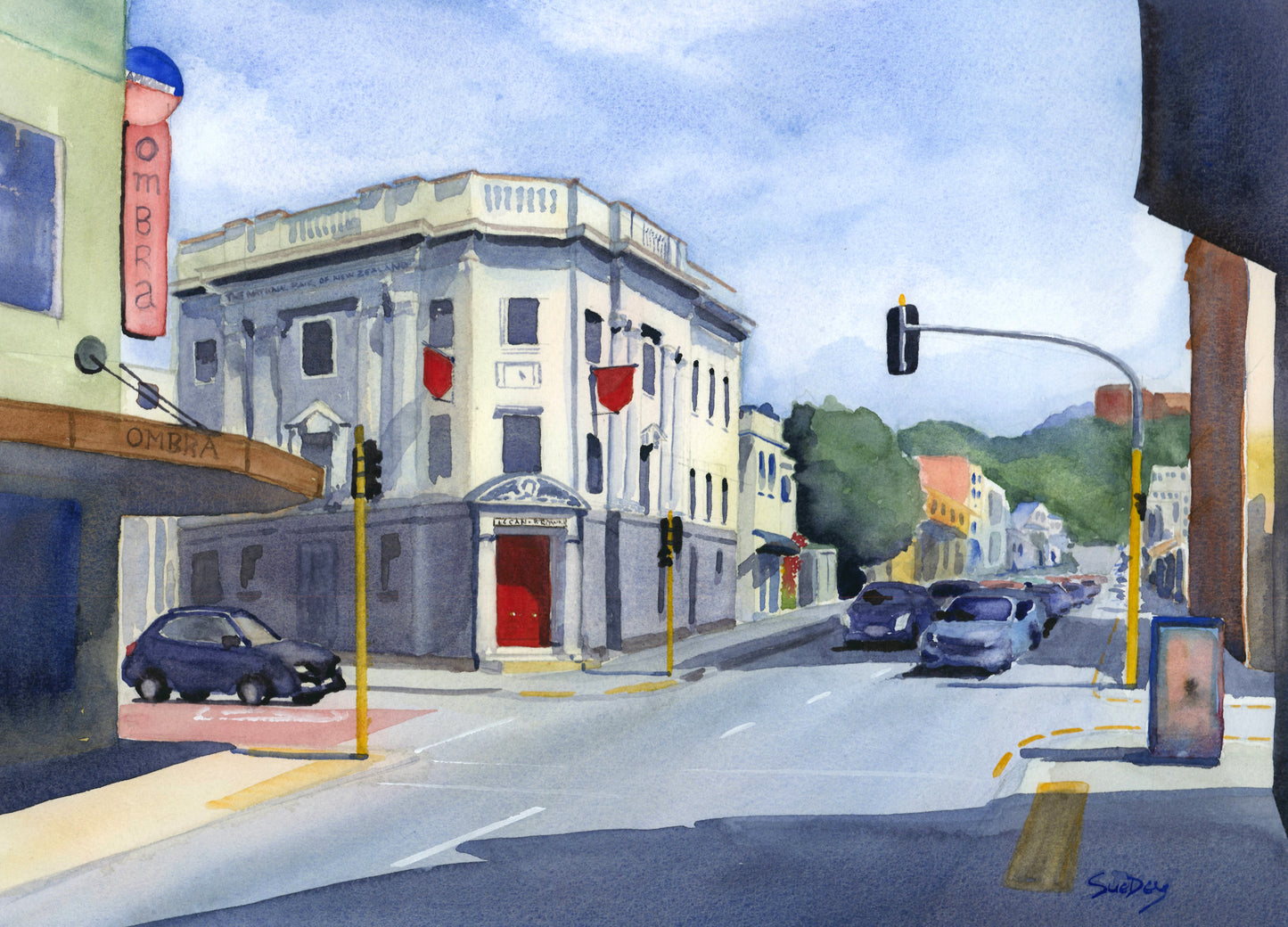 National Bank Cuba Street Wellington - Original watercolour by Sue Dey