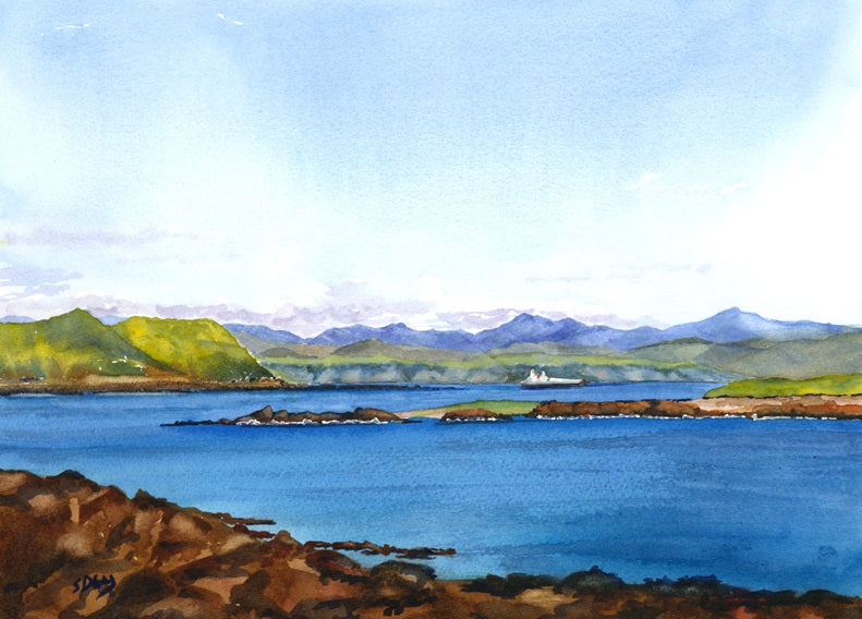 Watching the Ferries at Island Bay - original watercolour by Sue Dey