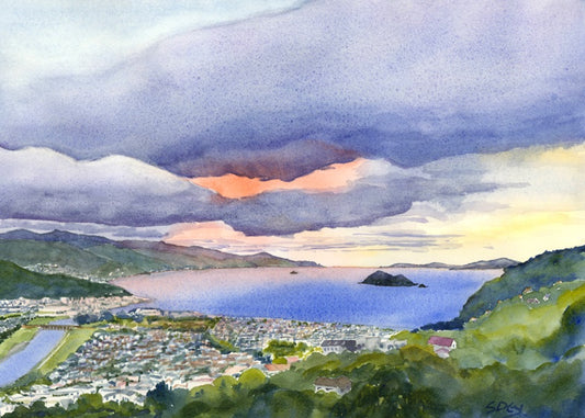 Wellington Harbour Moods from the Western Hills - original watercolour by Sue Dey