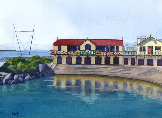 The Boatshed & Lagoon - original watercolour by Sue Dey