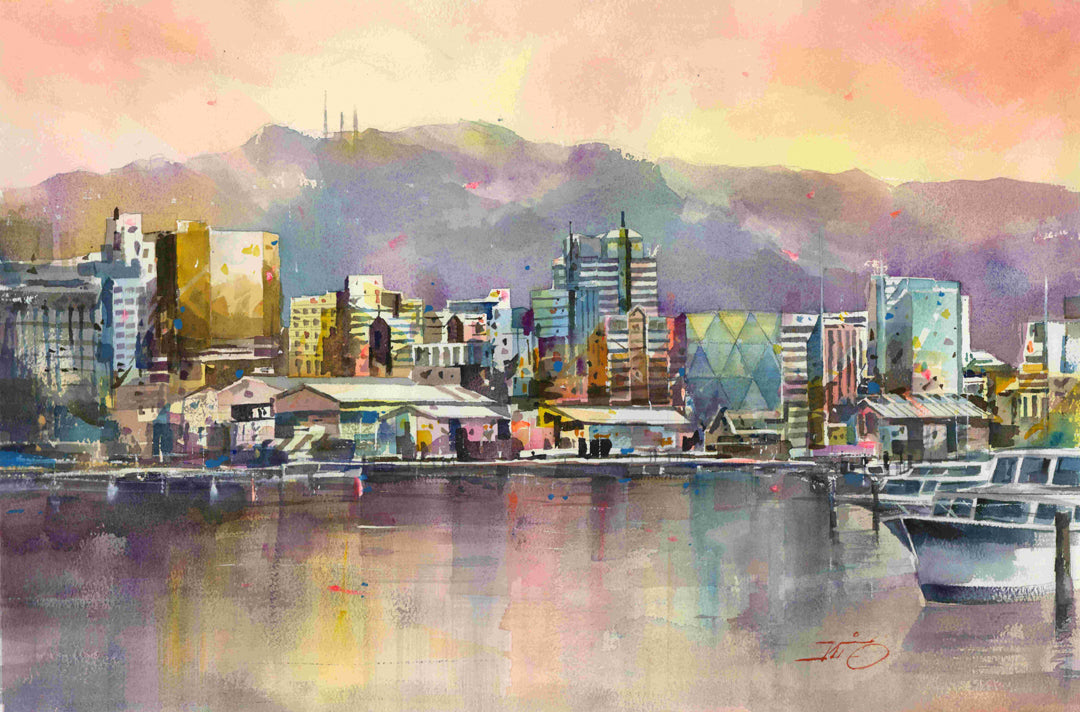 Golden Hour on Wellington Waterfront - original watercolour by Kit Ong
