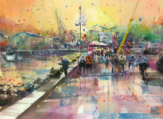 Bustling Wellington Waterfront - original watercolour by Kit Ong