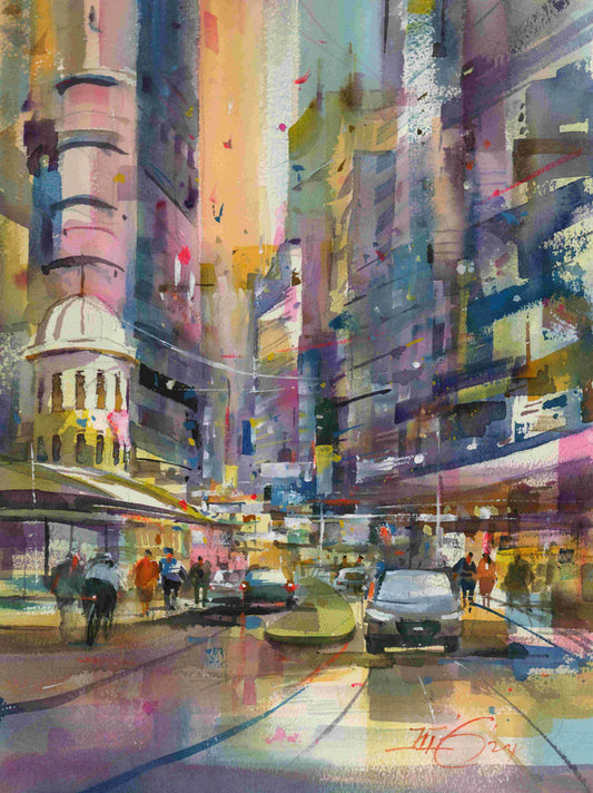 Afternoon Light Lambton Quay - original watercolour by Kit Ong