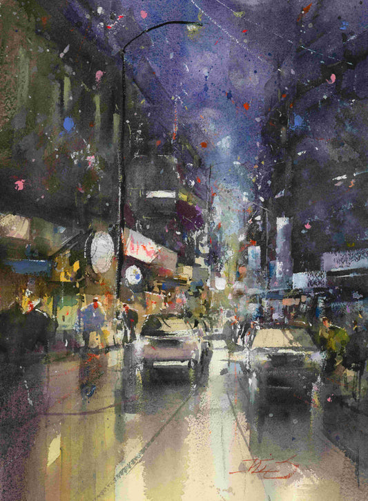 Nightlife Buzz on Cuba Street - original watercolour by Kit Ong