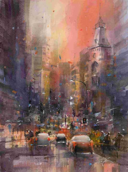 Evening on Featherston Street  - original watercolour by Kit Ong