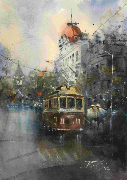 Christchurch Tram on Worcester Street  - original watercolour by Kit Ong