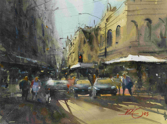 Rusty & Arty Cuba Street  - original watercolour by Kit Ong