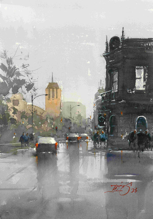 Backbencher on Molsworht St, Wellington - original watercolour by Kit Ong